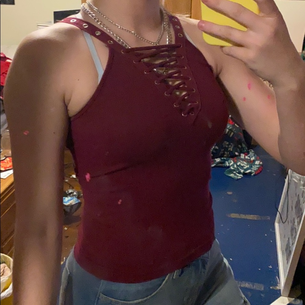 Red ribbed lace up tank top